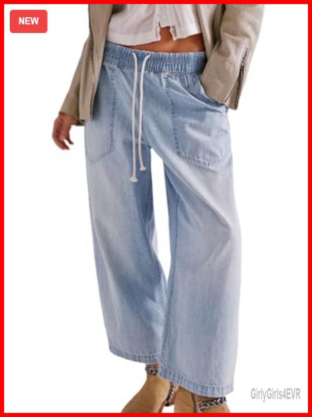 Women Baggy Boyfriend Jeans Elastic Low Rise Wide Leg Cropped Drawstring